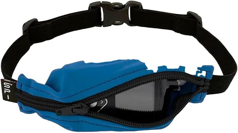 Kids Pocket Belt, Expandable Pocket, Adjustable Waist, No Bounce, No Logo Band, Steel Blue with Black Zipper